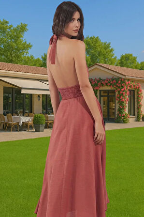 100 Pamuk Kadın Bisiklet Yaka Bağlamalı Maxi Plaj Elbisesi Seçkin Malzeme Rahat Ve Şık