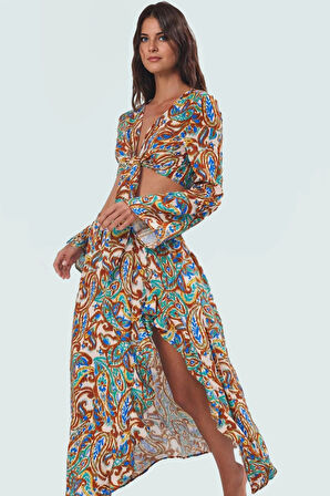 Dokuma Viskoz Bluz Etek Takım; Şal Desenli Oversize Yazlık Rahat Kullanım Uzun Ömürlü Şık Görünüm