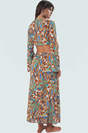 Dokuma Viskoz Bluz Etek Takım; Şal Desenli Oversize Yazlık Rahat Kullanım Uzun Ömürlü Şık Görünüm