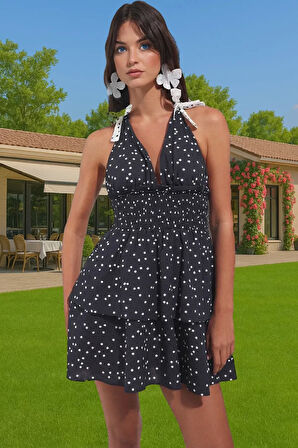 Şık Puantiyeli Yazlık Elbise %100 Pamuk Nefes Alabilir Modern Stil Kaliteli İşçilik Rahat Ve Şık