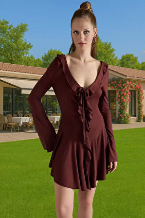 Yazlık Kadın Bisiklet Yaka Volanlı Örme Midi Elbise Rahat Şık Uzun Ömürlü Kaliteli İşçilik