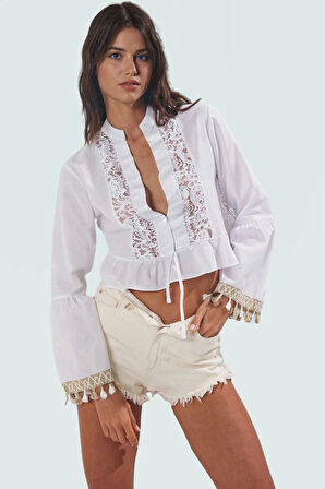 Pamuklu Dantelli Slim Fit Plaj Bluz Bağlamalı Yazlık Kaliteli İşçilik Rahat Kullanım