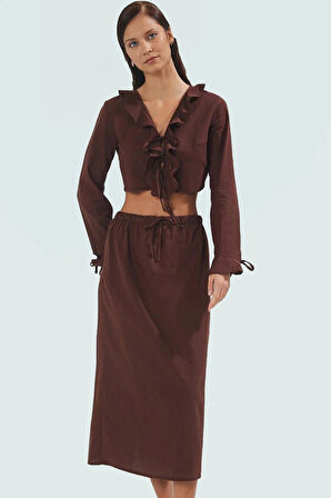 Pamuklu Plaj Bluz Etek Takımı Fırfırlı ve Bağcıklı Uzun Ömürlü Kaliteli İşçilik