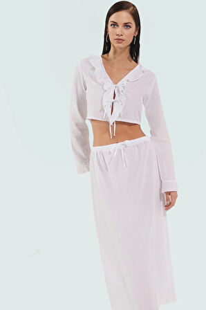 Pamuklu Plaj Bluz Etek Takımı Fırfırlı ve Bağcıklı Uzun Ömürlü Kaliteli İşçilik