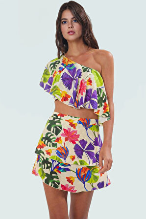 Çok Tropikal Desenli Dokuma Mini Etek Bluz Takımı Yaz İçin Profesyonel Görünüm Şık