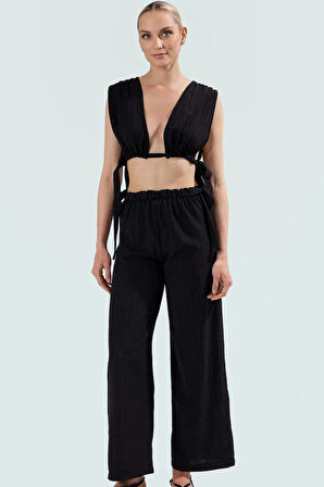 Yazlık Pamuklu Bluz Pantolon Takım Bağlama Detaylı Rahat Kalıp Nefes Alan Kumaş Modern Stil