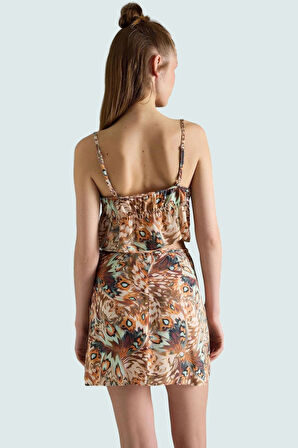 Şık Soyut Desenli Yazlık Bluz Etek Takım Rahat Kesim Polyester Kumaş Modern Stil Yüksek Kalite