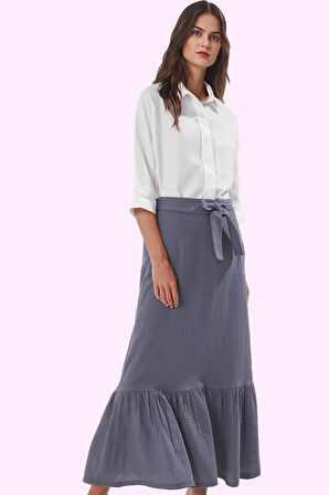 Kadın Pamuklu A line Maxi Etek Kemerli Fırfırlı Dokuma Günlük Kullanım Yaz Aylarının Vazgeçilmezi