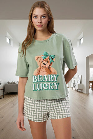 Kısa Kol Regular Kalıp %100 Pamuk Homewear Ayıcıklı Pijama Takımı Seçkin Malzeme Şık Görünüm