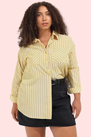 Kadın Günlük Çizgili Büyük Beden Gömlek Rahat Ve Şık Hafta Sonu Yaz Aylarının Vazgeçilmezi