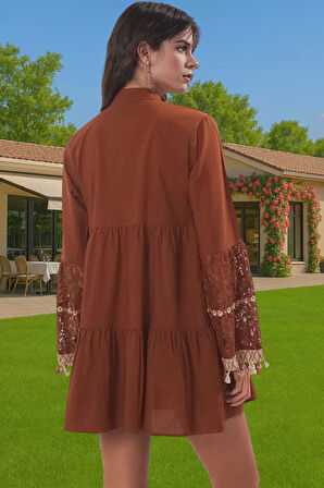 Nefes Alan Pamuklu Dantelli Plaj Mini Elbisesi V Yaka Yazlık Özel Tasarım Dayanıklı Malzeme