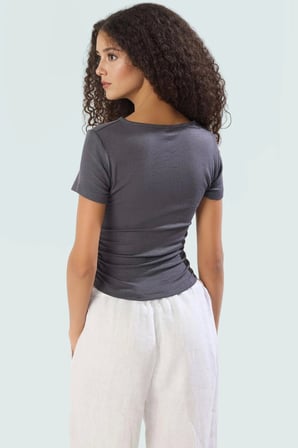 Viskoz Ribana Crop Bluz Büzgü Detaylı Fitted Kalıp Yazlık Uzun Ömürlü Premium Kalite