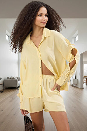 Rahat Viskon Pijama Takımı Bağlamalı Uzun Kollu Şortlu Homewear Kullanım