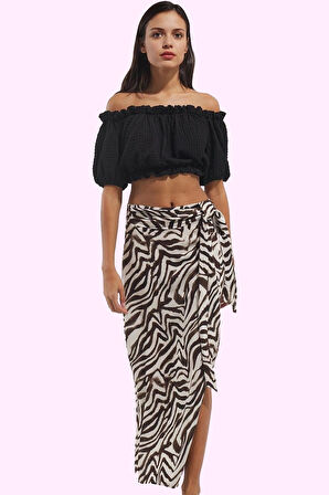 Kadın Yırtmaçlı Sarong Zebra Desenli Etek Viskoz Kuşak Detayı Günlük Şıklık Modern Tasarım