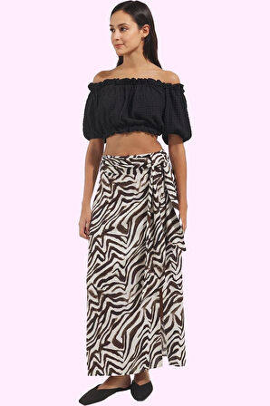 Kadın Yırtmaçlı Sarong Zebra Desenli Etek Viskoz Kuşak Detayı Günlük Şıklık Modern Tasarım