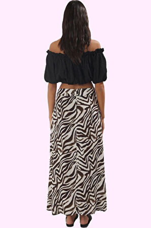 Kadın Yırtmaçlı Sarong Zebra Desenli Etek Viskoz Kuşak Detayı Günlük Şıklık Modern Tasarım