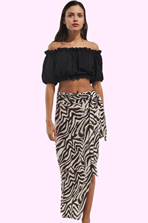 Kadın Yırtmaçlı Sarong Zebra Desenli Etek Viskoz Kuşak Detayı Günlük Şıklık Modern Tasarım