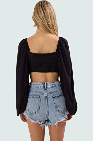 100% Viskoz Yazlık Crop Bluz Çok Çiçek Desenli Balon Kollu Fitted Özel Tasarım