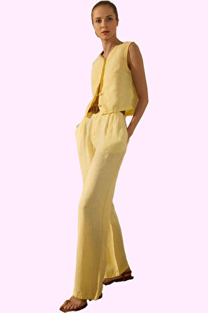 Kadın Keten Dokuma Pantolon Yüksek Bel Wide Leg Günlük Kullanım Yaz Aylarının Vazgeçilmezi