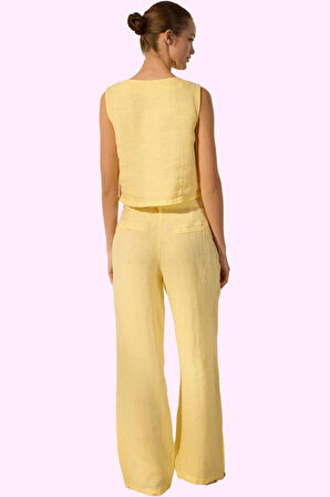 Kadın Keten Dokuma Pantolon Yüksek Bel Wide Leg Günlük Kullanım Yaz Aylarının Vazgeçilmezi