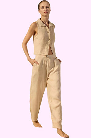 Kadın Keten Denim Pantolon Yüksek Bel Geniş Paça Yazlık Rahat Günlük Kullanım Modern Tasarım