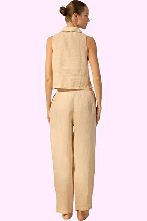 Kadın Keten Denim Pantolon Yüksek Bel Geniş Paça Yazlık Rahat Günlük Kullanım Modern Tasarım