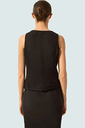 Keten Fitted Bluz Degaje Yaka Crop Boy Yazlık Profesyonel Görünüm Premium Kalite