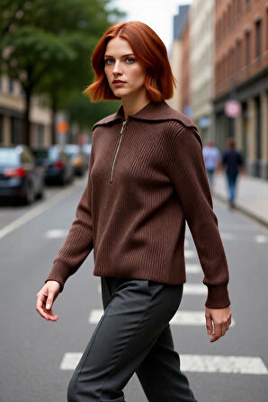 Kadın Kış Sezonu Regular Kesim Fermuarlı Triko Polo Yaka Kazak Rahat Ve Şık Görünüm Kaliteli