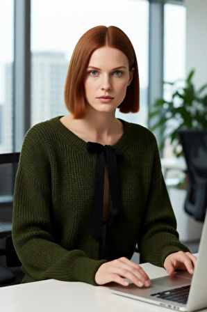 Kadın Düşük Kol Crop Boy Selanik Örgü Çift Taraflı Kurdele Detaylı Regular Kalıp Akrilik Triko Kazak