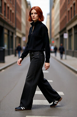 Kadın Basic Oversize Düşük Uzun Kollu Crop Fermuarlı Dik Yaka Triko Kazak Kışlık Rahat Stiller