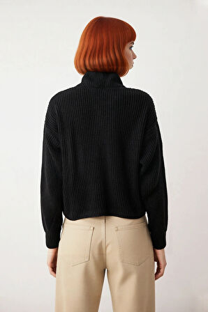 Kadın Basic Oversize Düşük Uzun Kollu Crop Fermuarlı Dik Yaka Triko Kazak Kışlık Rahat Stiller