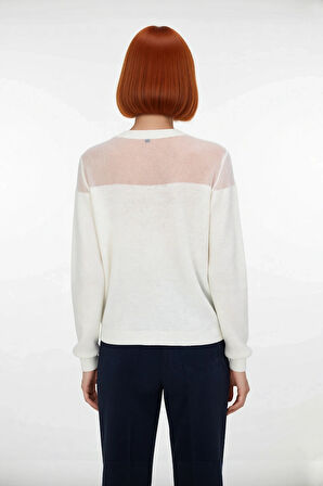 Kadın Fashion Forward İnce Triko Kazak Transparan Renk Bloklu Bisiklet Yaka Bahar Zarafeti