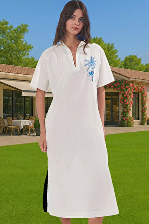 Pamuk Vual Maxi Plaj Elbisesi Rahat Kalıp Nakışlı Yazlık Günlük Kullanım İçin Konforlu Kesim