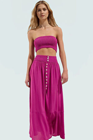 Viskoz Dokuma Uzun Bluz Etek Takım Dik Yaka Balon Kol Plaj Şıklığı Günlük Kullanım İçin