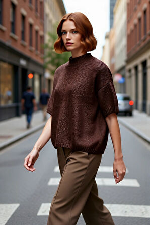 Kadın Geniş Kalıp Basic Dik Yaka Kalın Selanik Dokulu Düşük Kısa Kollu Triko Kazak Günlük Şıklık