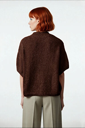 Kadın Geniş Kalıp Basic Dik Yaka Kalın Selanik Dokulu Düşük Kısa Kollu Triko Kazak Günlük Şıklık