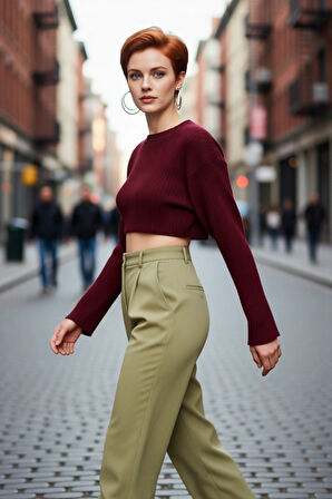 Kadın Düz Desen Regular Kalıp Triko Super Crop Bisiklet Yaka Uzun Kol Kazak Casual Tarz Kaliteli