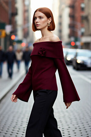 Kadın Carmen Yaka Gül Detaylı Triko Kazak Zarif Şık Regular Kalıp Çan Kol Gündüz Gece Kombin