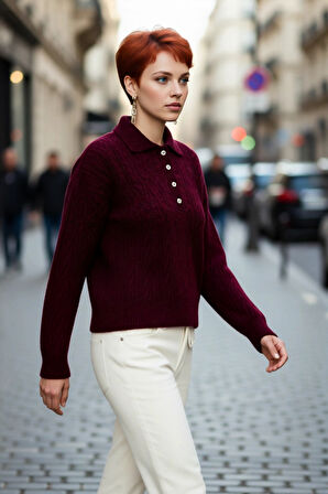 Kadın Oversize Triko Polo Yaka Saç Örgü Düşük Kollu Rahat Kışlık Basic Stil Kazak Kaliteli