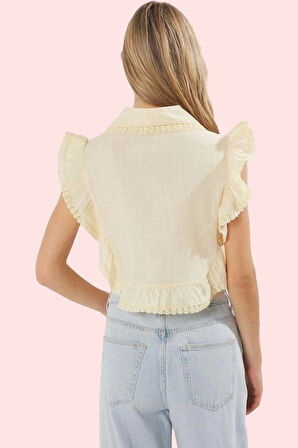 Kadın Pamuk Düz Desenli Kolsuz Crop Bluz Gömlek Yaka Flamlı Yazlık İş Gömleği Günlük Kullanım