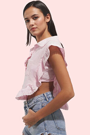 Kadın Pamuk Düz Desenli Kolsuz Crop Bluz Gömlek Yaka Flamlı Yazlık İş Gömleği Günlük Kullanım