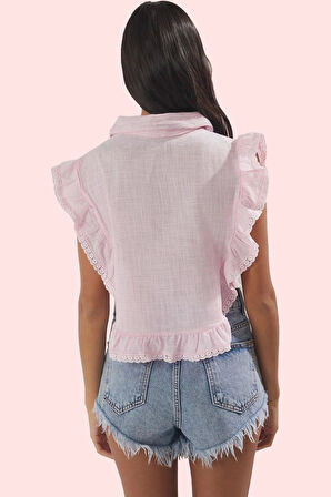 Kadın Pamuk Düz Desenli Kolsuz Crop Bluz Gömlek Yaka Flamlı Yazlık İş Gömleği Günlük Kullanım