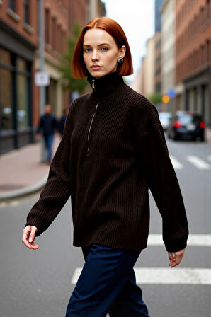 Kadın Basic Siluet Uzun Boy Düz Desen Rahat Kesim Kalın Triko Kazak Kış Kombinleri İçin Kaliteli