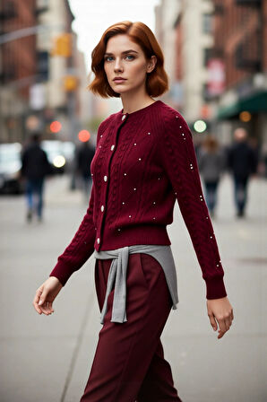 Kadınlara Özel Kışlık Regular Kalıp Saç Örgülü Crop Akrilik Triko Hırka Günlük Şıklık Kaliteli