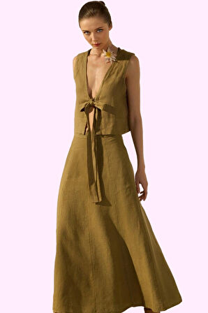 Kadın Keten Midi Etek Dokuma Kumaş Günlük Casual Tarz Hafta Sonu Yaz Aylarının Vazgeçilmezi