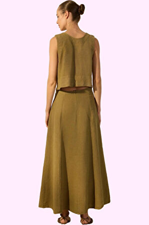 Kadın Keten Midi Etek Dokuma Kumaş Günlük Casual Tarz Hafta Sonu Yaz Aylarının Vazgeçilmezi