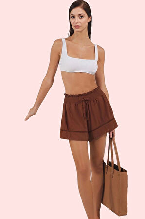 Kadın Plaj Şortu Renk Normal Bel Boru Paça Crinkle Dokuma Yazlık Rahat Kombin Günlük Kullanım