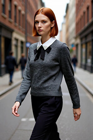 Kadın Gömlek Yaka Görünümlü Nakış Detaylı Triko Kazak Standart Kollu Sonbahar Kış Stili Kaliteli