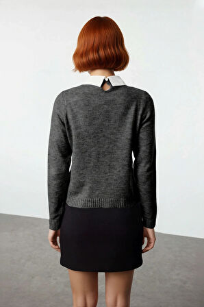 Kadın Gömlek Yaka Görünümlü Nakış Detaylı Triko Kazak Standart Kollu Sonbahar Kış Stili Kaliteli