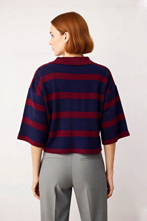 Kadın Truvakar Kol Polo Yaka Çizgili Triko Kazak Basic Rahat Kesimiyle Şık ve Konforlu Günler İçin